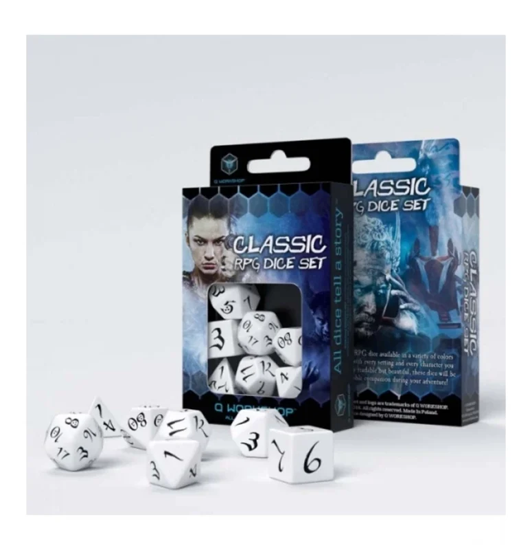 Dados de rol Clásico en blanco y negro (7 unidades) - Q Workshop