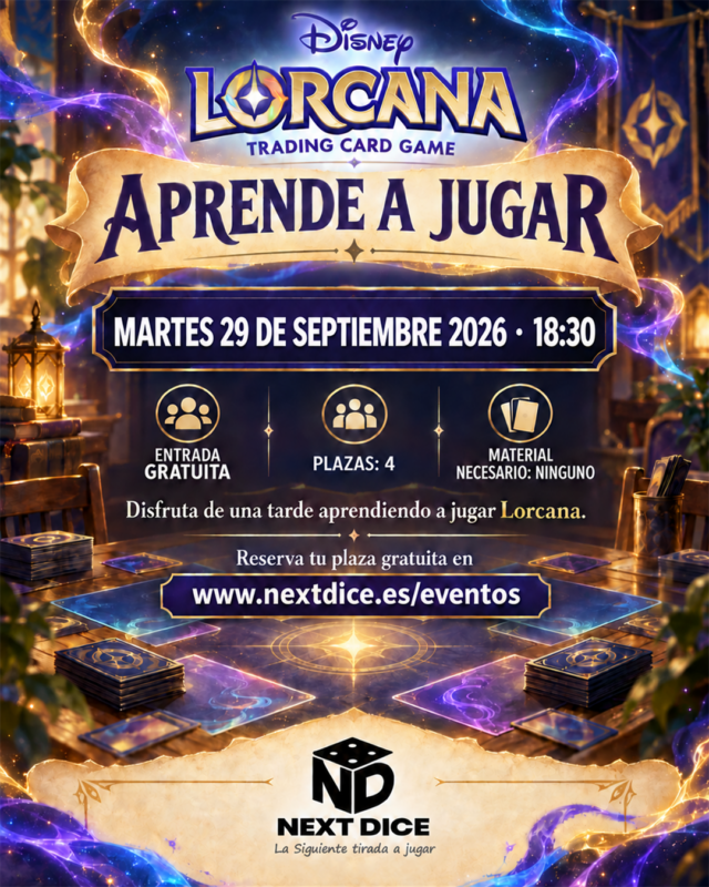Cartel Aprende a jugar Disney Lorcana en Next Dice, martes 29 de septiembre de 2026 a las 18:30