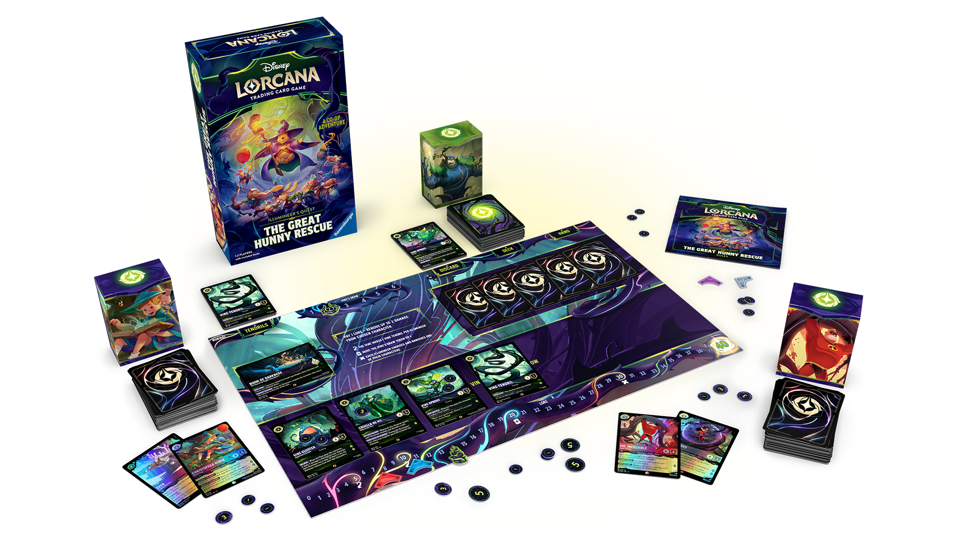 Los dos mazos de jugador, cartas de la Enredadera, encuentros y accesorios de The Great Hunny Rescue