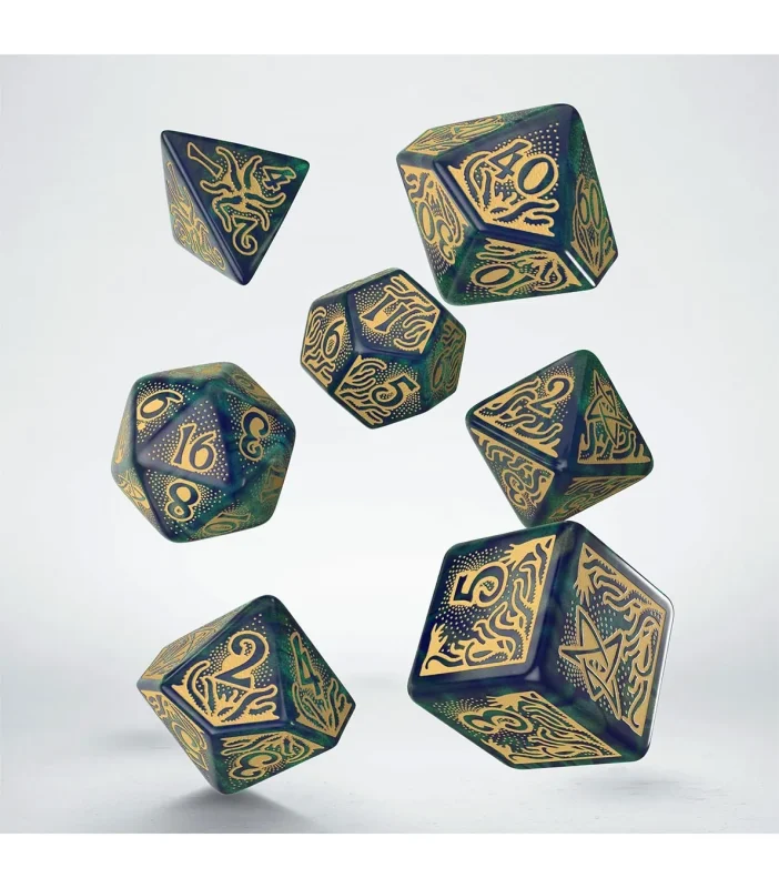 Dados Call of Cthulhu 7th Edition Blue-green y Gold (7 dados) – Q Workshop