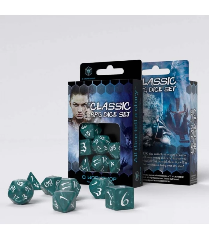 Dados de rol Clásico verde Stormy y blanco (7 unidades) – Q Workshop