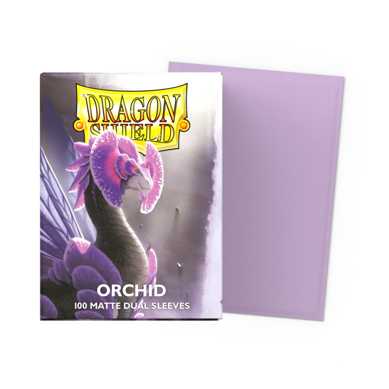 Caja de 100 fundas Dragon Shield Dual Matte Orchid, dorso morado e interior negro